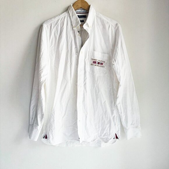Tommy Hilfiger The Flex White Crisp Cotton Embroidered Preppy Button up Shirt L - Picture 3 of 7